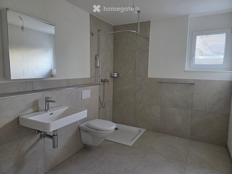 Modern bathroom with a white sink, toilet, shower, and large mirror. Grey tiled walls and floor, with a window providing natural light.