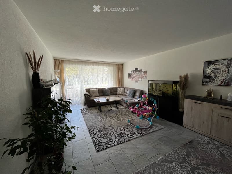 Modern living room with a grey sectional sofa, coffee table, fish tank, and decorative plants. The space features large windows with curtains, a patterned rug, and a small cabinet with a mirror.