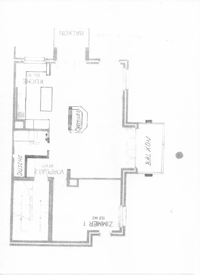Floor plan showing a living room, kitchen, bedroom, bathroom, and balcony.