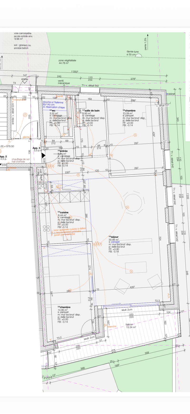 Floor plan of a residential building showing multiple rooms including a kitchen, living room, bedrooms, bathrooms, and a balcony.