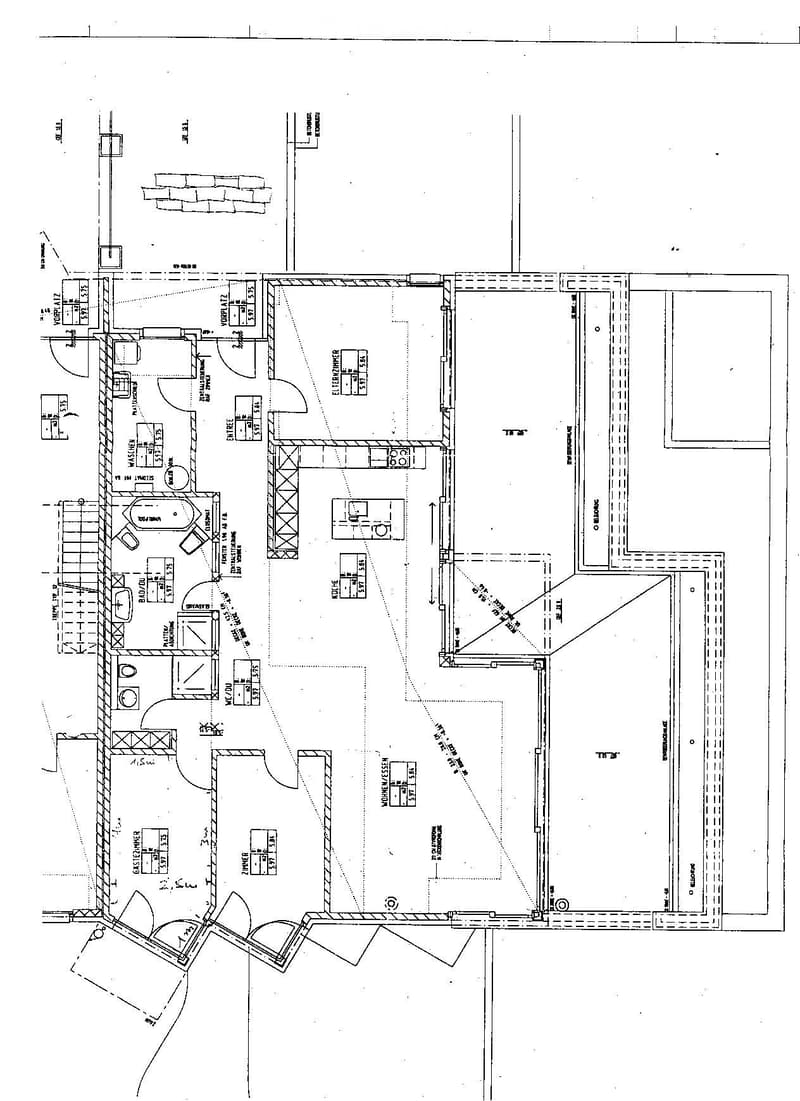 Floor plan of a residential space with multiple rooms including a living room, dining room, kitchen, bedrooms, and bathrooms. The layout includes an entrance, hallway, and various utility areas.
