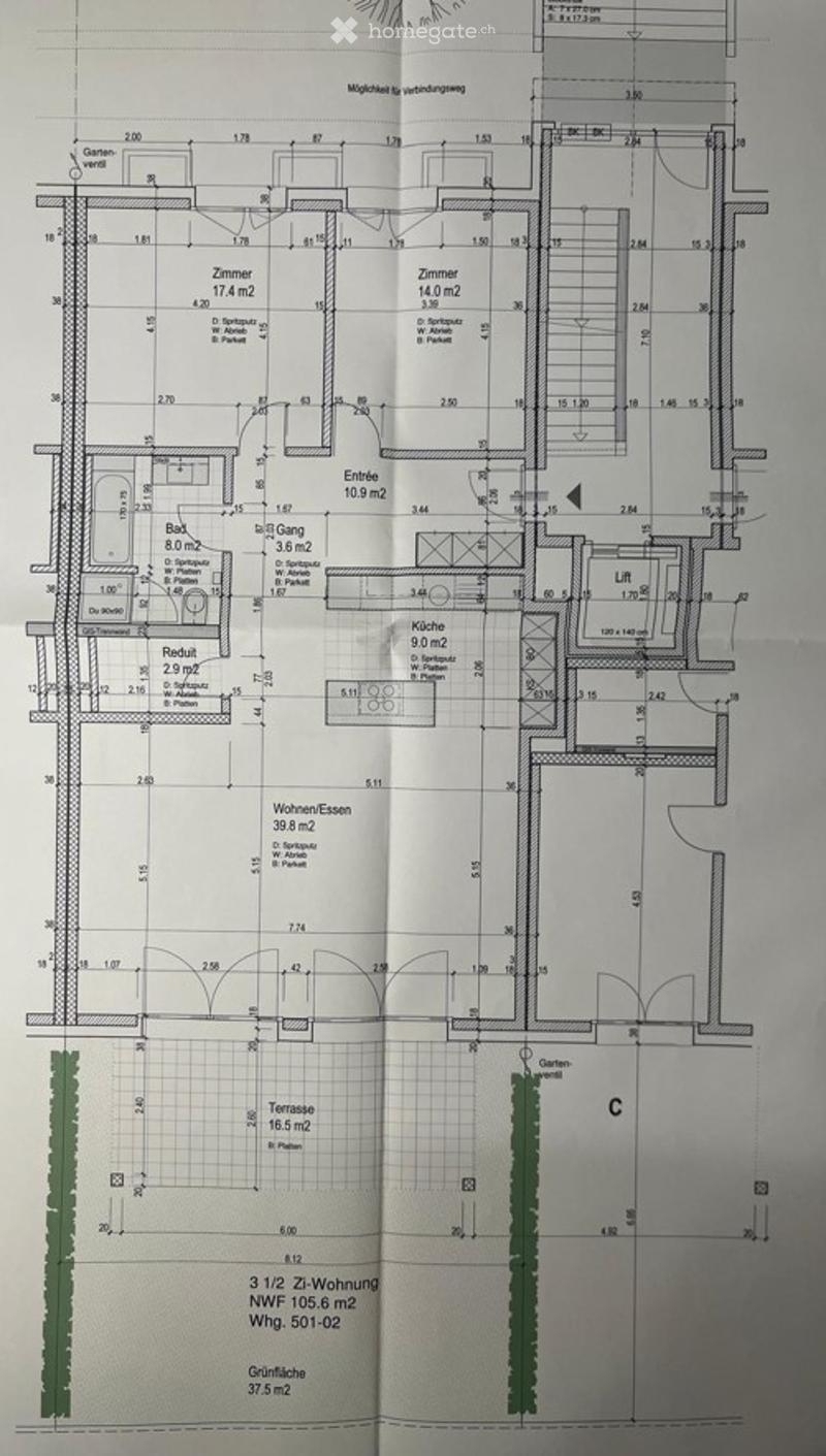 Floor plan of a 3-room apartment with a living-dining area, kitchen, two bedrooms, bathroom, hallway, and terrace.