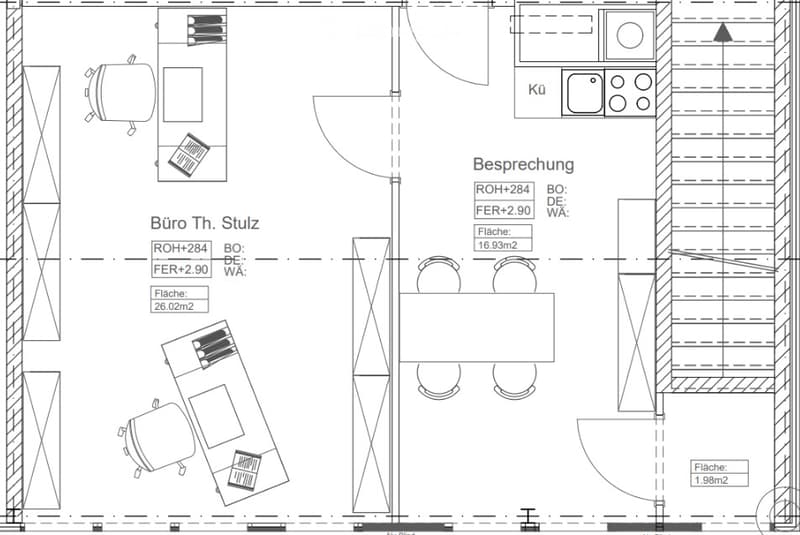Floor plan of an office space with two rooms: 'Büro Th. Stulz' (26.02m²) and 'Besprechung' (16.93m²), and a kitchen area labeled 'Kü'.