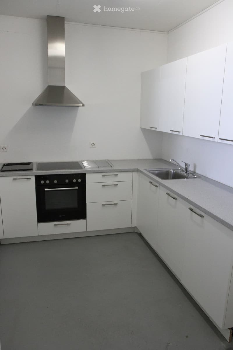 Modern kitchen with white cabinets, stainless steel appliances, and a grey countertop.