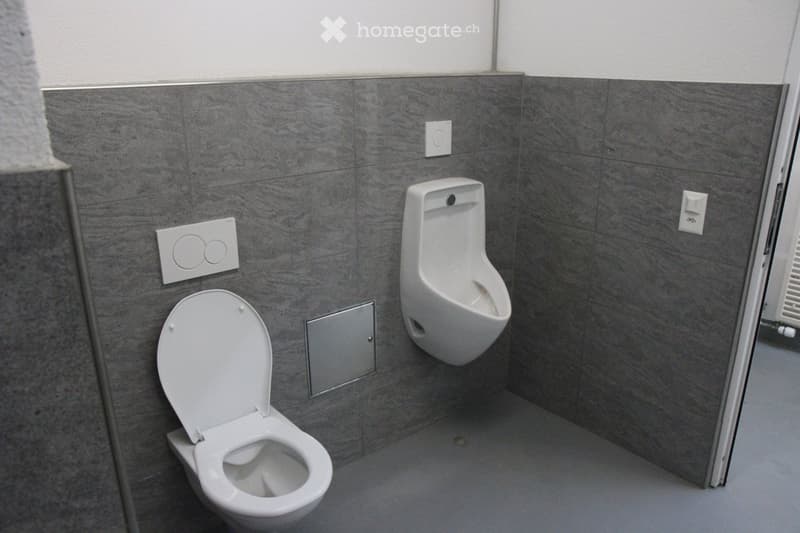 Modern bathroom with grey tiled walls, white toilet, and urinal. Light switches and control panels visible on walls.