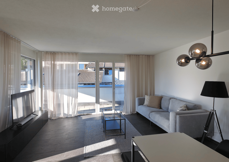 Modern living room with large windows, grey sofa, coffee table, TV stand, floor lamp, and a sleek pendant light fixture.