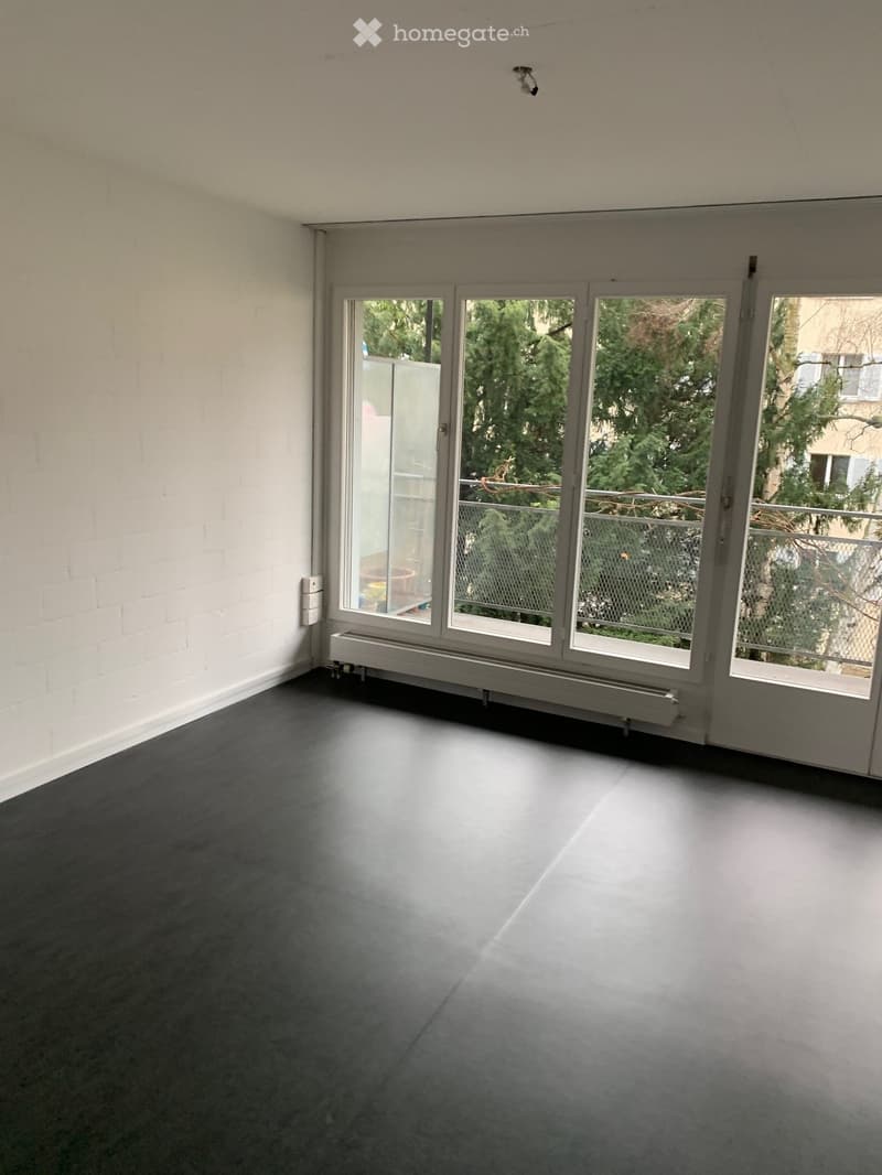 empty room, white brick walls, black floors, triple sliding glass doors, balcony