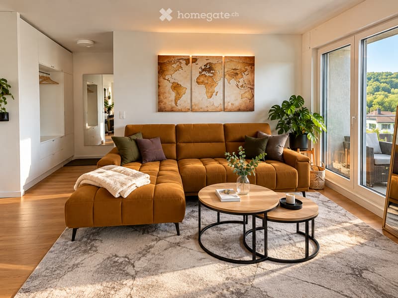Modern living room with a large sectional sofa, coffee table, side table, decorative cushions, a rug, and a view through large windows.
