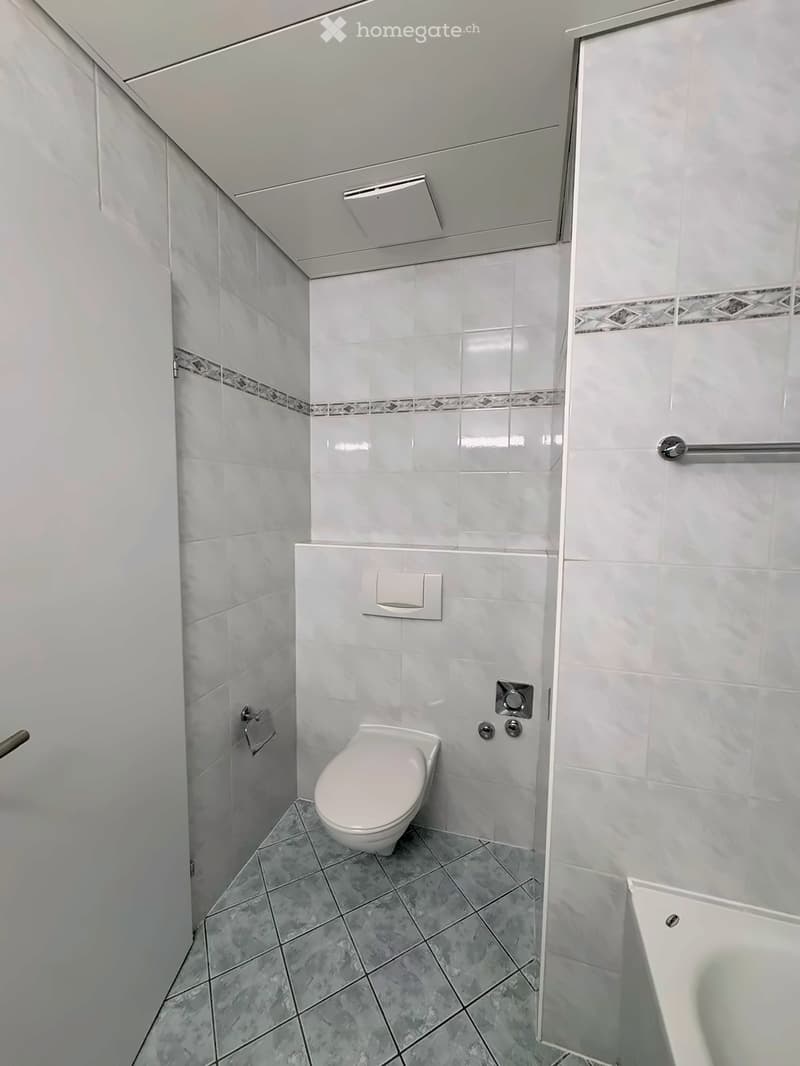 Modern bathroom with white tiled walls, grey tiled floor, toilet, bathtub, and handrail.