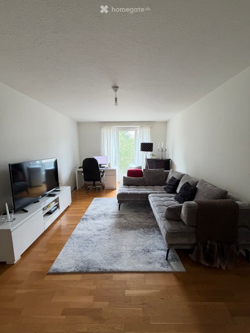 Modern living room with a grey sectional sofa, coffee table, large screen, and a small desk area with a chair and computer. The room features wooden flooring, a large area rug, and a window with sheer curtains.