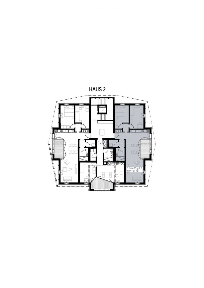 Floor plan of Haus 2 showing multiple rooms including a 3.5-Zi-Wgh 2.8 with 81 m² net usable area.