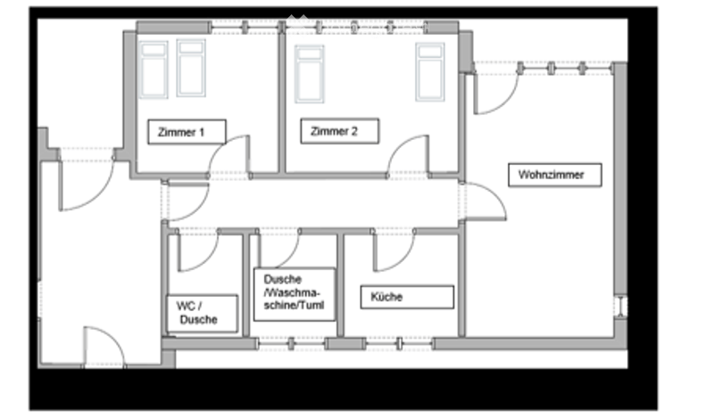 Floor plan of a 3-room apartment with living room, two bedrooms, kitchen, bathroom, and separate WC/shower room.