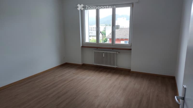 Empty room with wooden flooring, white walls, and a large window offering a view of the city and mountains. A radiator is visible under the window.