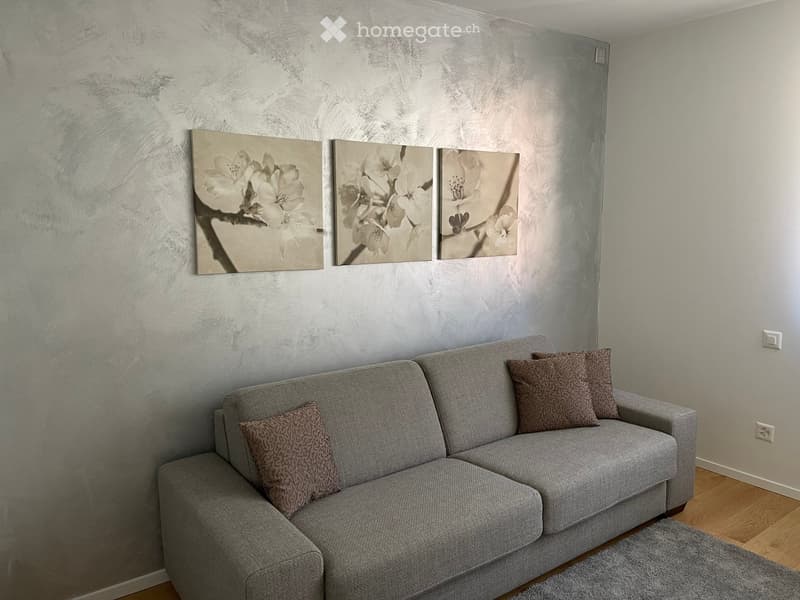 Modern living room with a grey sectional sofa, patterned throw pillows, and three framed floral artworks on the wall.