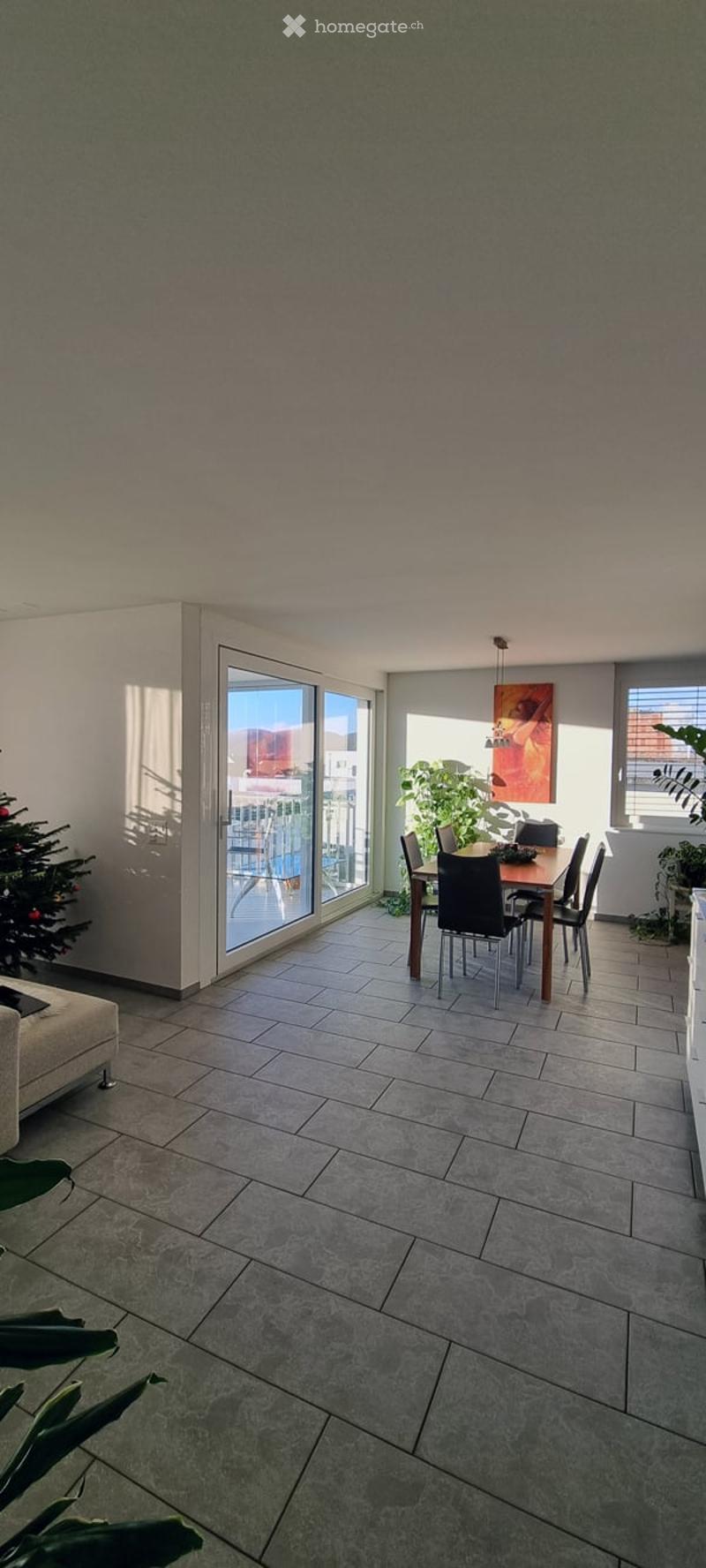 Open floor plan, sliding doors leading to balcony, dining table, chairs, plant, white walls, gray floor