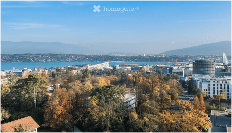 Panoramic cityscape view with a lake, mountains, and urban buildings surrounded by autumn trees.