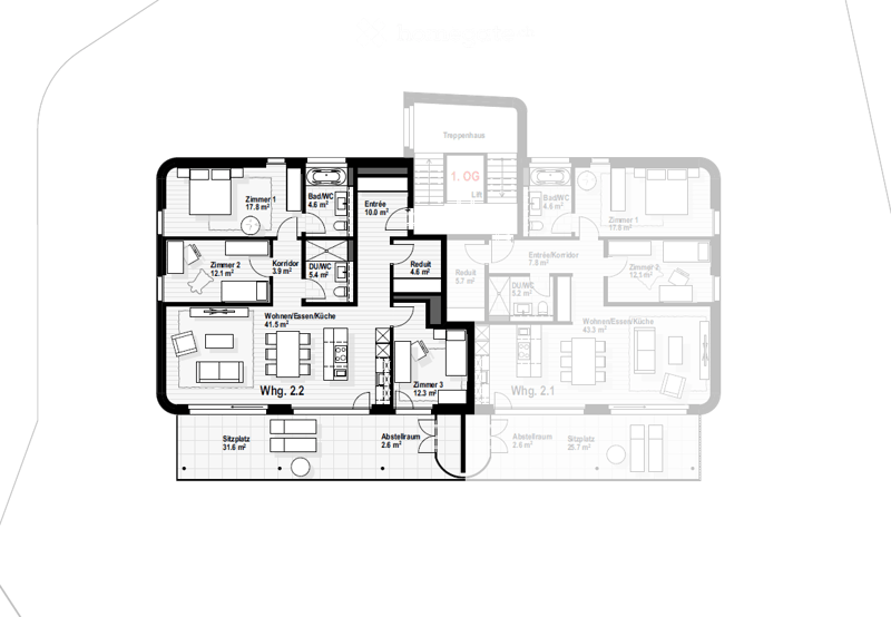 Floor plan of a two-story building with multiple rooms including living/dining/kitchen areas, bedrooms, bathrooms, and storage spaces.