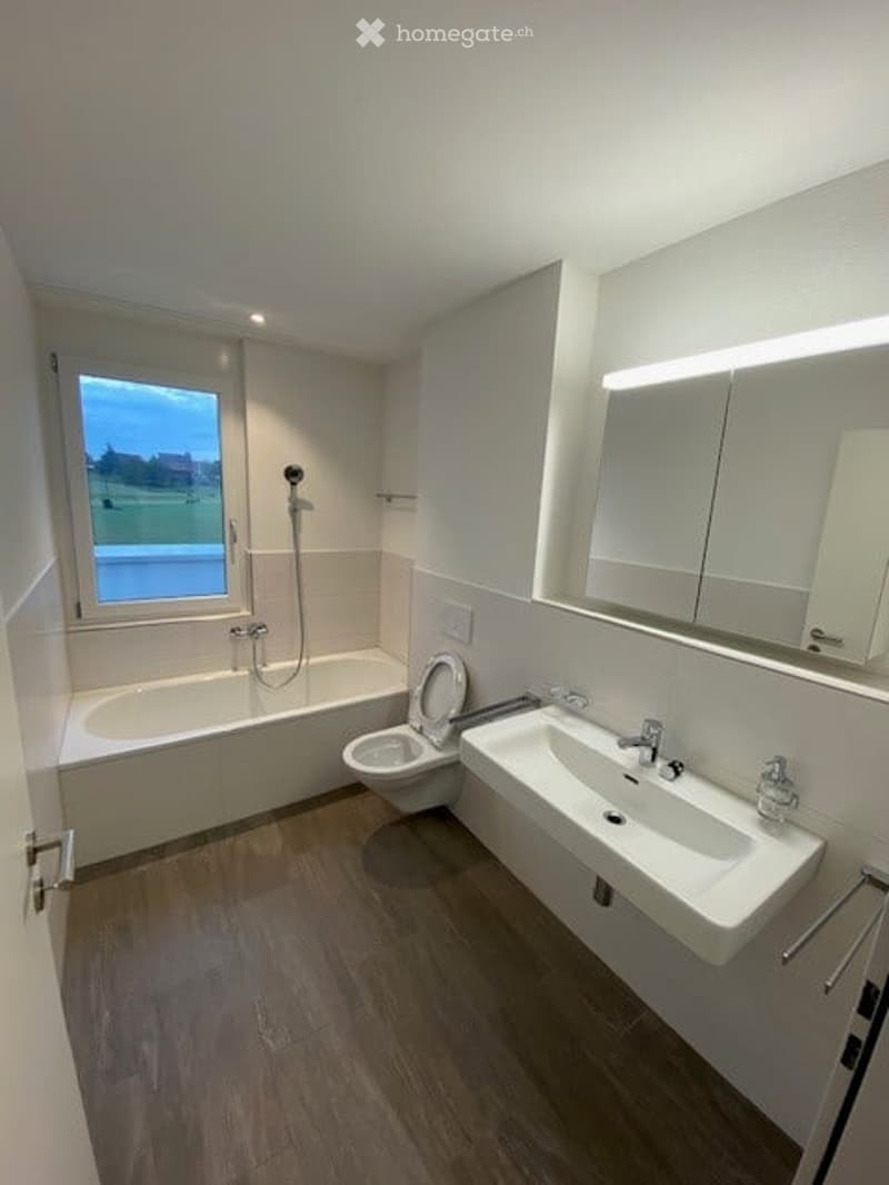 Bathroom with a bathtub, toilet, sink, mirror, window, and wooden flooring.