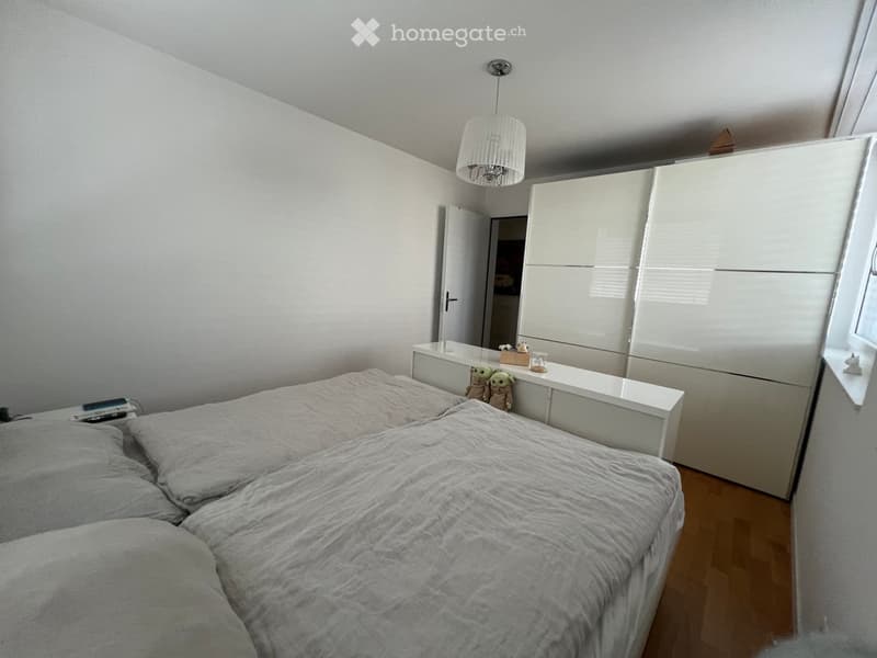 Modern bedroom with a large bed, white wardrobe, nightstand, and decorative items on the nightstand.