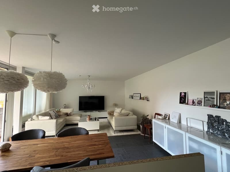 Modern living room with a sectional sofa, coffee table, dining table, chairs, television, decorative shelves, and a small cabinet.