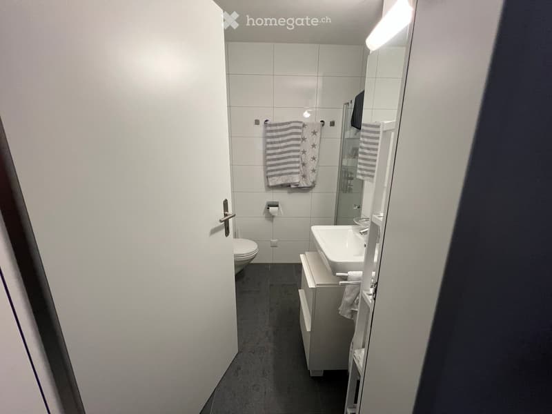 Modern bathroom with white tiles, a toilet, a sink with a mirror, a cabinet, and towels hanging on the wall.