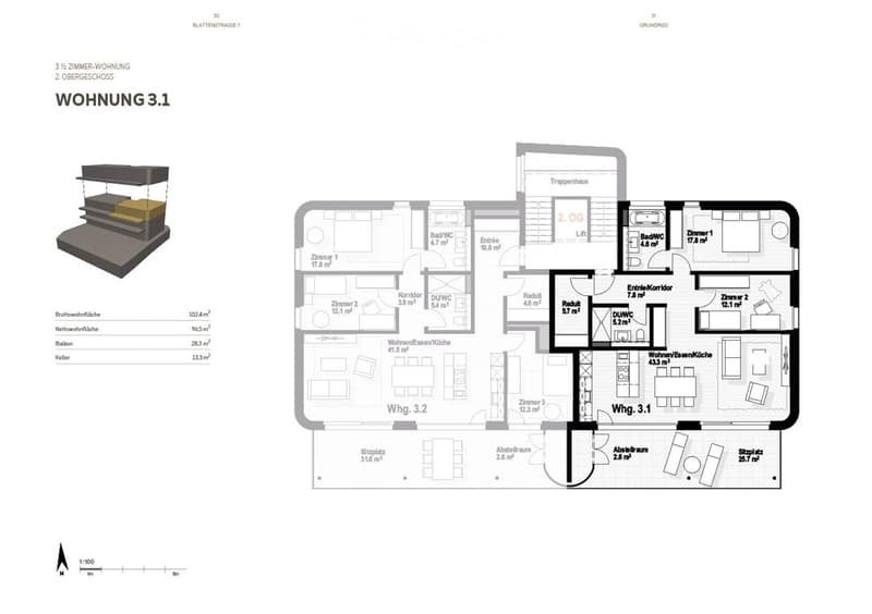 Floor plan of a 3.5-room apartment on the 2nd upper floor, including living/dining/kitchen area, three bedrooms, two bathrooms, entrance, hallway, and storage spaces.