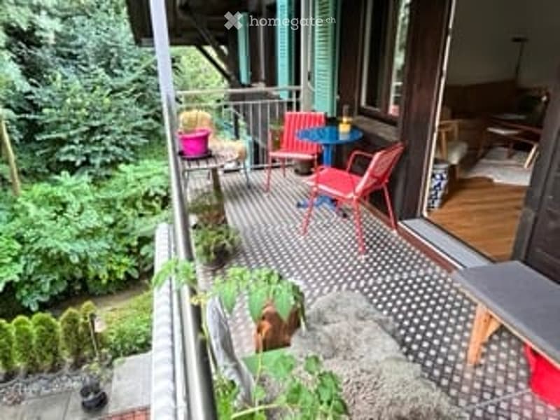 Balcony with wooden decking, metal mesh floor, small table, chairs, potted plants, and access to a living room with wooden flooring.