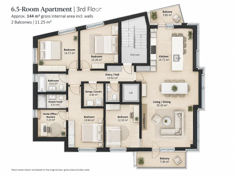 Floor plan of a 6.5-room apartment on the 3rd floor, featuring 5 bedrooms, 2 bathrooms, a kitchen, a living/dining area, a home office/nursery, a storage/laundry area, and 2 balconies.