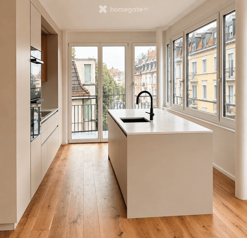 Modern kitchen with light wood flooring, white cabinetry, a central island with a sink and faucet, and large windows offering a view of the cityscape.