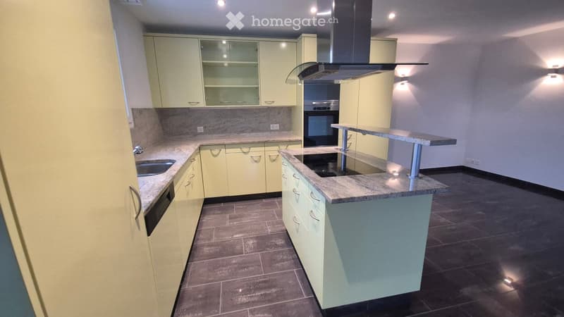 Modern kitchen with light-colored cabinets, granite countertops, stainless steel appliances, and an island with a built-in sink and seating area.