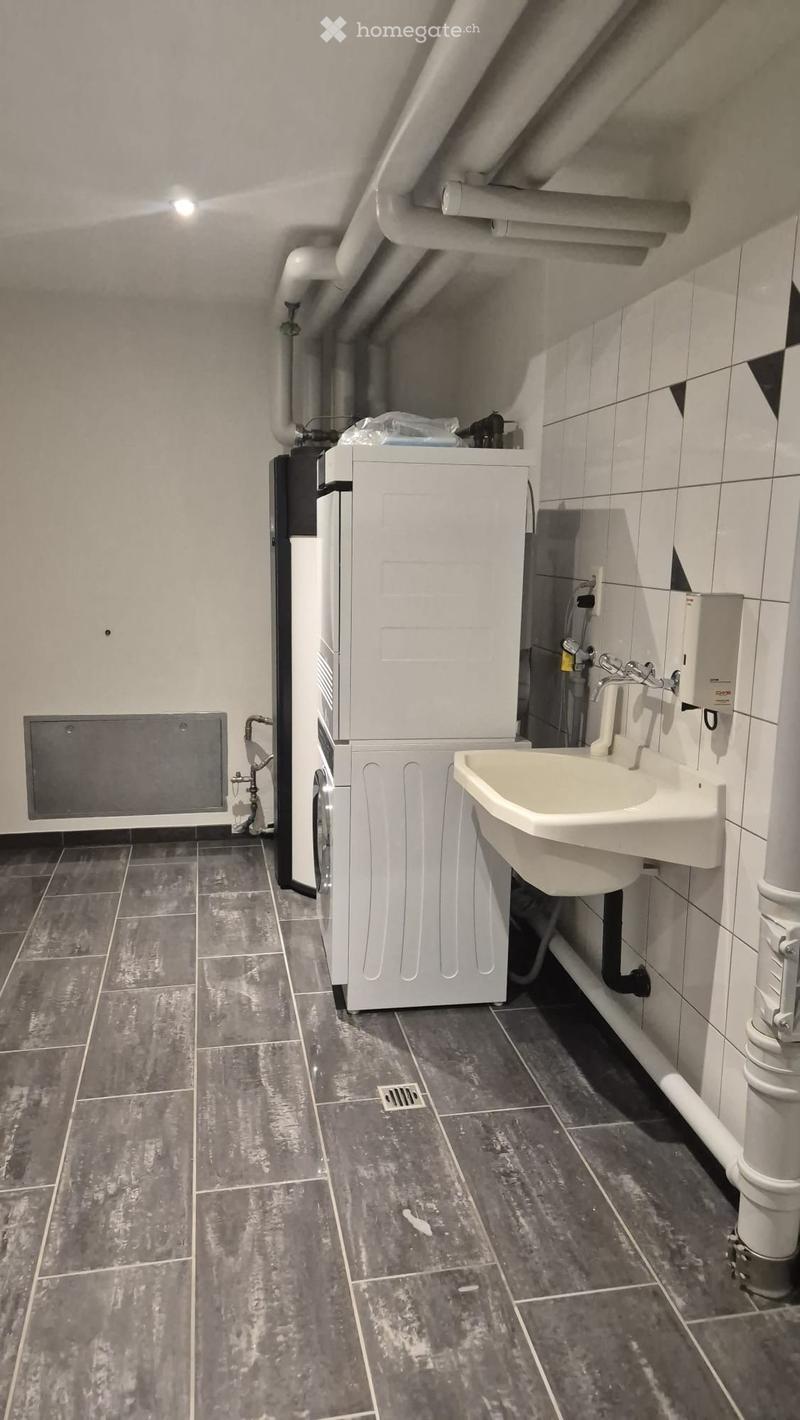 Bathroom with a sink, washing machine, and tiled walls and floor.