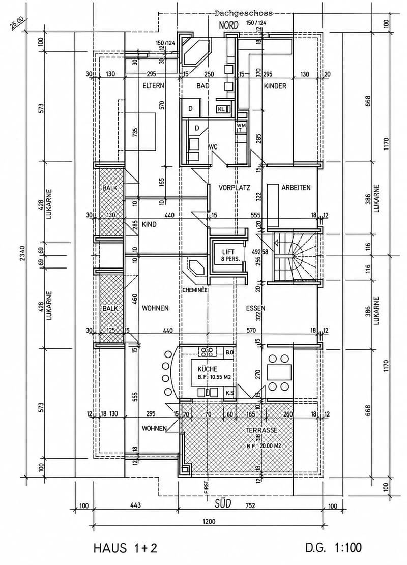 Floor plan of a two-house layout labeled 'HAUS 1+2' with detailed room dimensions and labels including living areas, bedrooms, bathrooms, kitchen, terrace, and balconies.
