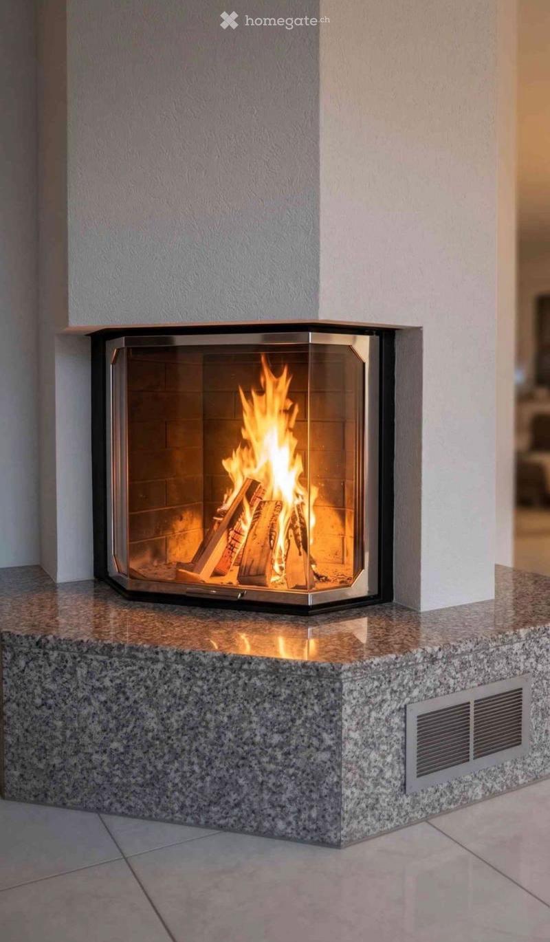 Modern fireplace with glass enclosure, burning wood, set in a granite surround with tiled floor.