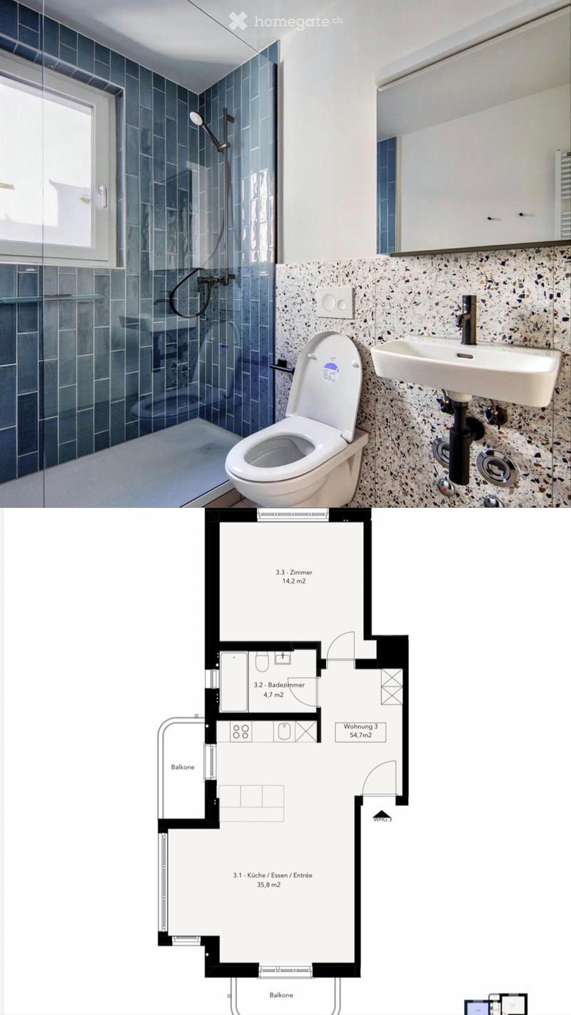 Floor plan of a residential unit showing a kitchen, living room, two bedrooms, and a bathroom. The bathroom features a toilet, sink, and shower.