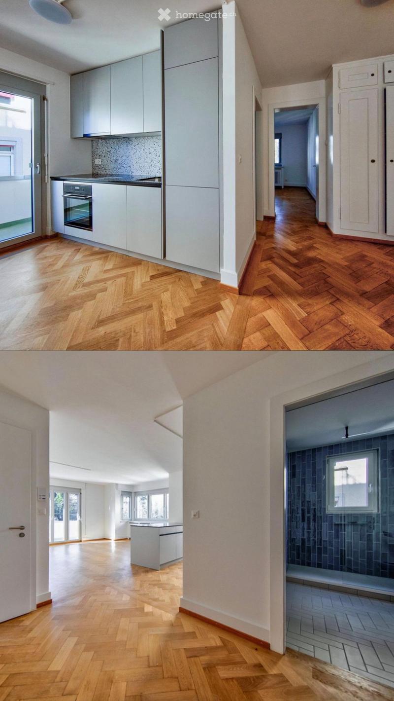Empty rooms with herringbone wooden flooring, white cabinetry, and modern kitchen appliances. The space includes a hallway, kitchen, and bathroom area.