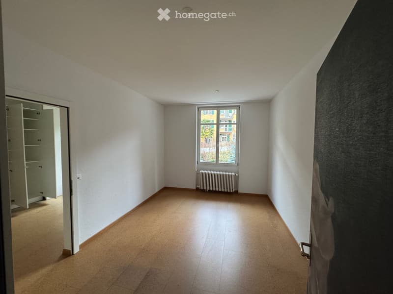 Empty room with light-colored wooden flooring, white walls, and a window with a radiator below it. An open closet is visible on the left side.