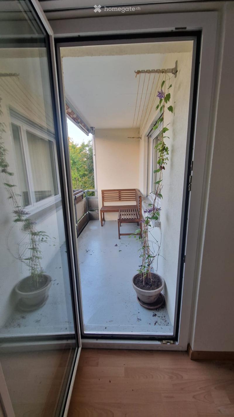 Balcony with a wooden bench, small table, and potted plants, overlooking a green area.
