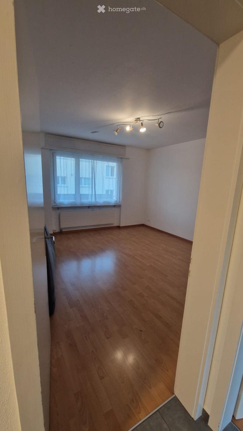 Empty room with wooden flooring, white walls, and a large window with blinds. The room has a radiator under the window and a ceiling light fixture.