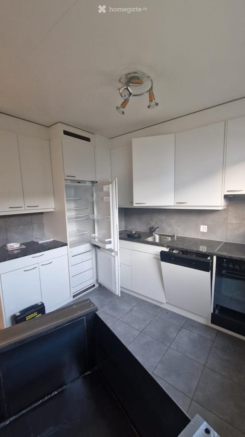 Modern kitchen with white cabinets, stainless steel appliances, and a black countertop.