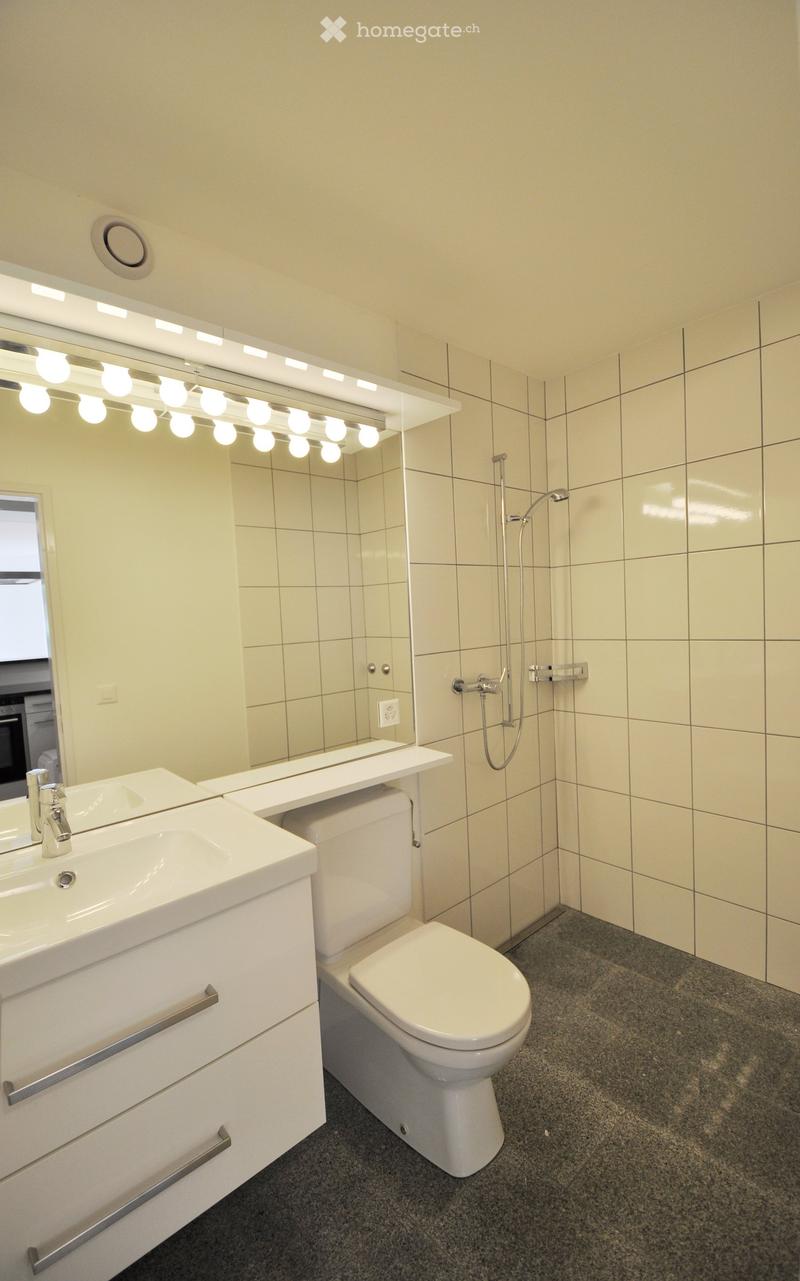 Modern bathroom with white tiles, a large mirror with built-in lighting, a sink with a modern faucet, a toilet, and a showerhead with handheld sprayer.