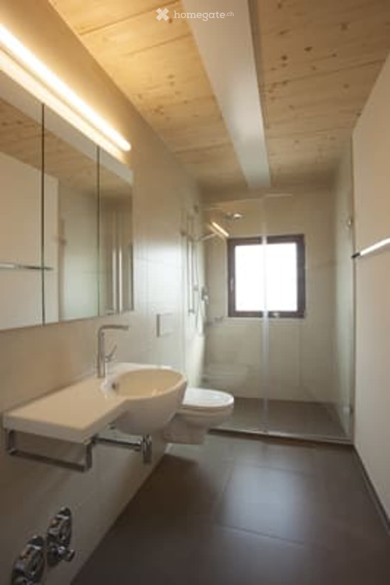 Modern bathroom with wooden ceiling, large mirror, white sink, and glass-enclosed shower.