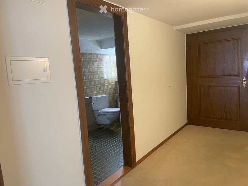 Empty hallway with beige walls and carpeted floor, leading to a bathroom with a toilet and tiled walls.