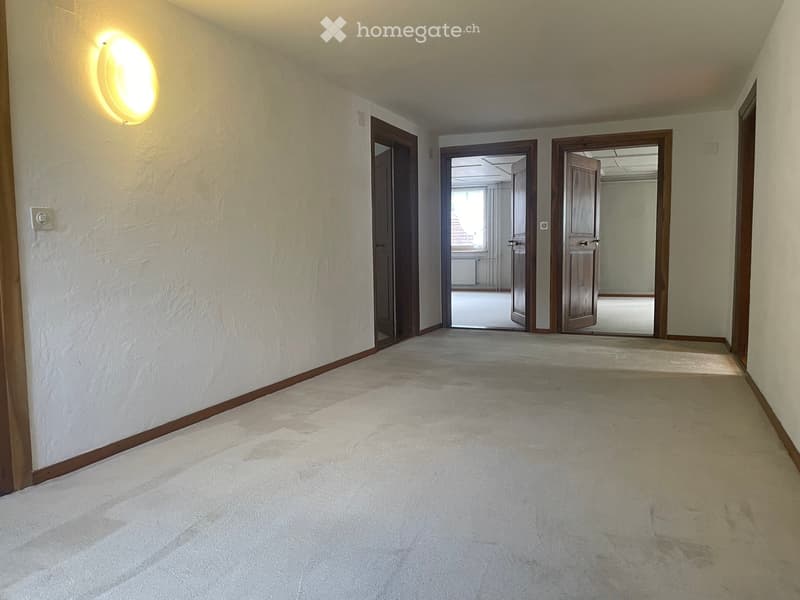 Empty hallway with beige walls, carpeted floor, and several closed wooden doors leading to other rooms.