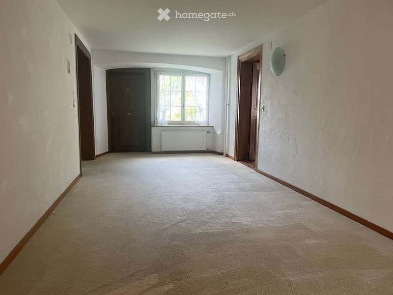Empty hallway with beige carpet, light-colored walls, and wooden baseboards. Features a window with white curtains and a radiator below it, along with two wooden doors on either side.