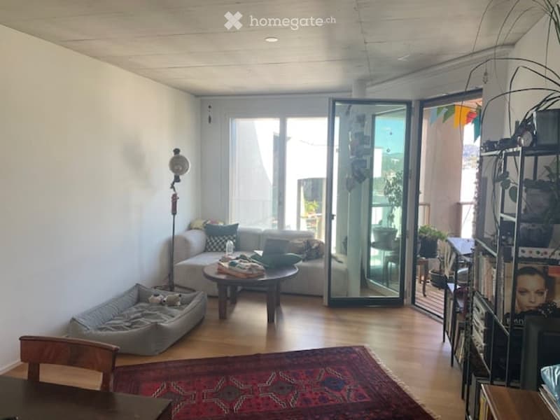 Modern living room with a grey sofa, coffee table, dog bed, floor lamp, and large sliding glass doors leading to a balcony. The room features wooden flooring and a colorful rug.