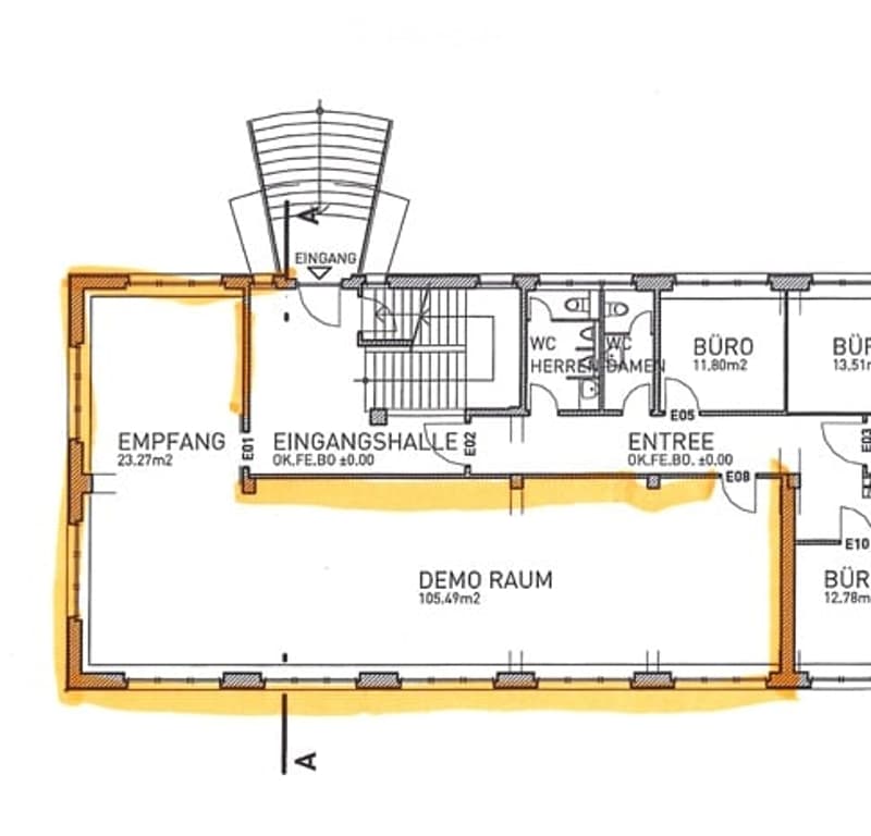 Floor plan of a commercial or office space featuring an entrance, reception area, hallway, demo room, and multiple offices.