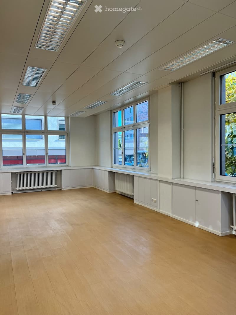 Empty room with light wooden flooring, white walls, large windows, and built-in cabinets along one wall.