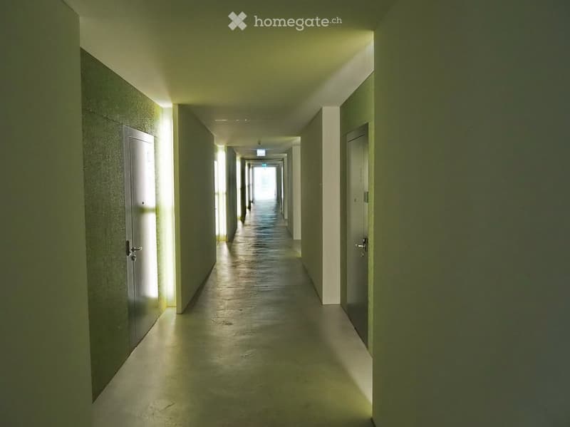 A long, narrow hallway with smooth walls and a polished concrete floor, featuring several closed doors on both sides and subtle lighting from wall-mounted fixtures.