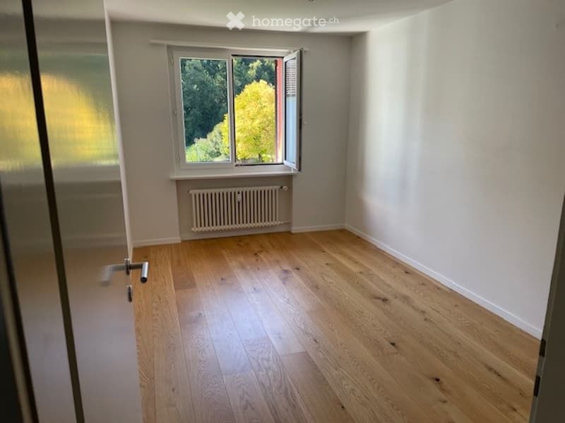 Empty room with wooden flooring, white walls, a window with open shutters, and a radiator below the window.