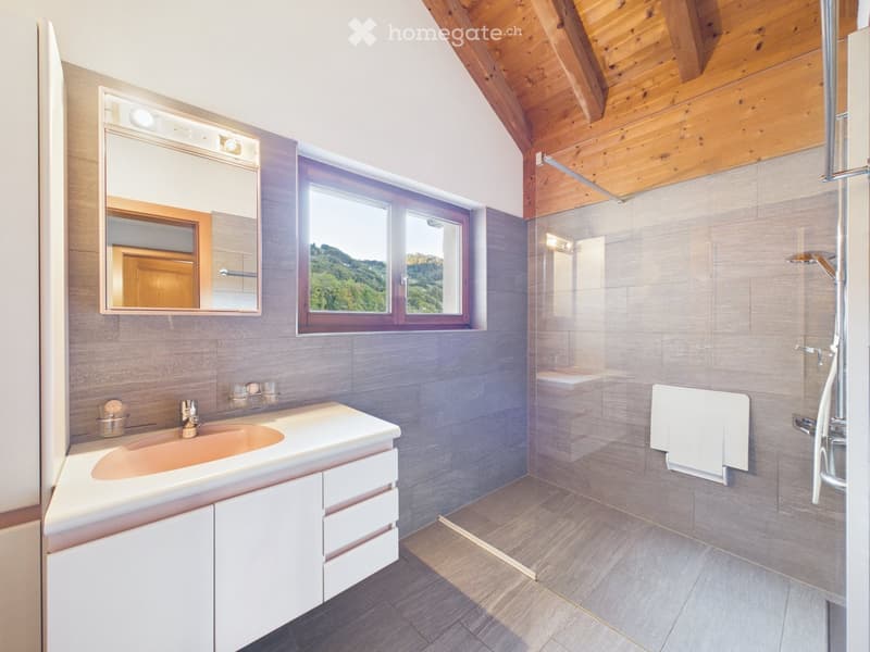 Modern bathroom with a large window offering a scenic view, featuring a sink with a modern faucet, a large mirror, and a glass-enclosed shower with a towel rack.
